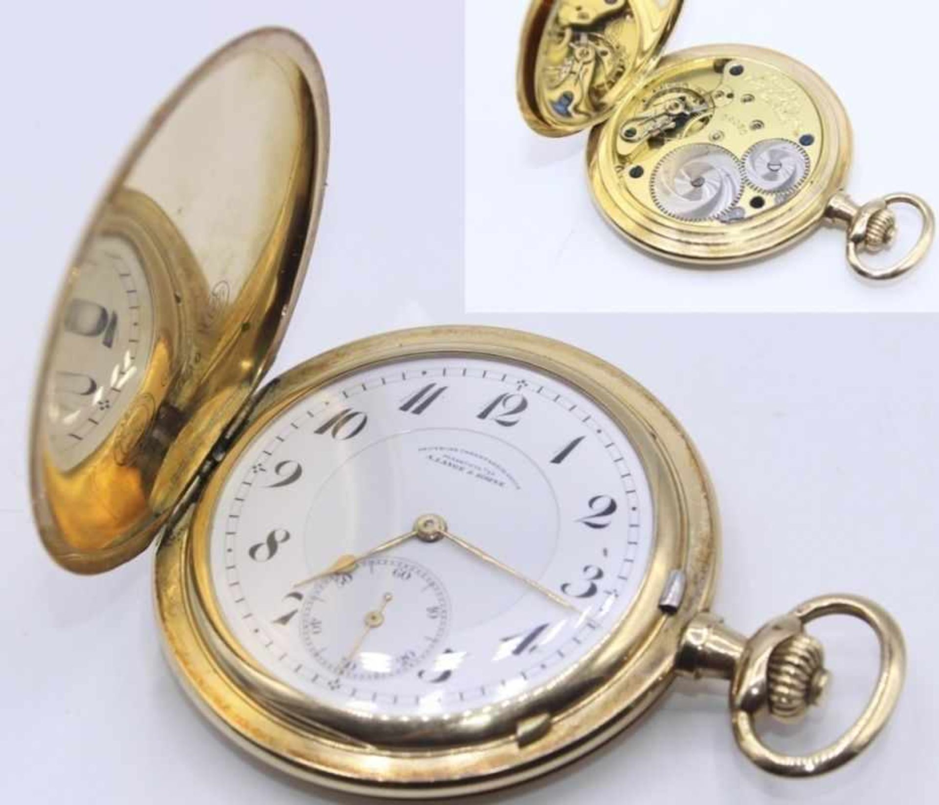 Goldene Savonetteuhr - Marke Lange&Söhne Herrentaschenuhr mit Sprungdeckel, Gehäuse und alle Deckel,