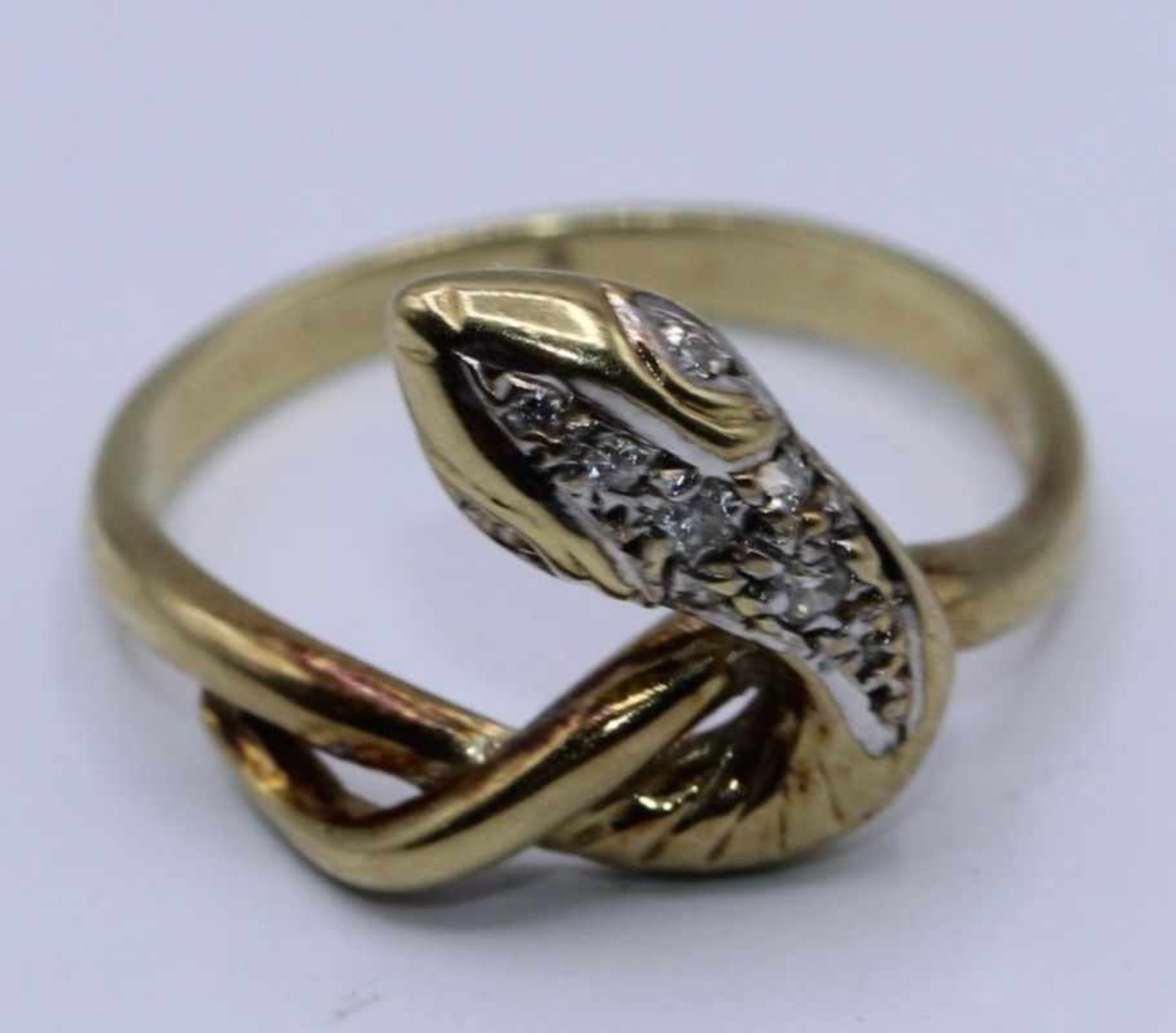 Gold. Damenring - Gelbgold gest. 585 Schlangendesign, mit 5 kleinen Diamanten, Ringgröße 56, ca. 3,3