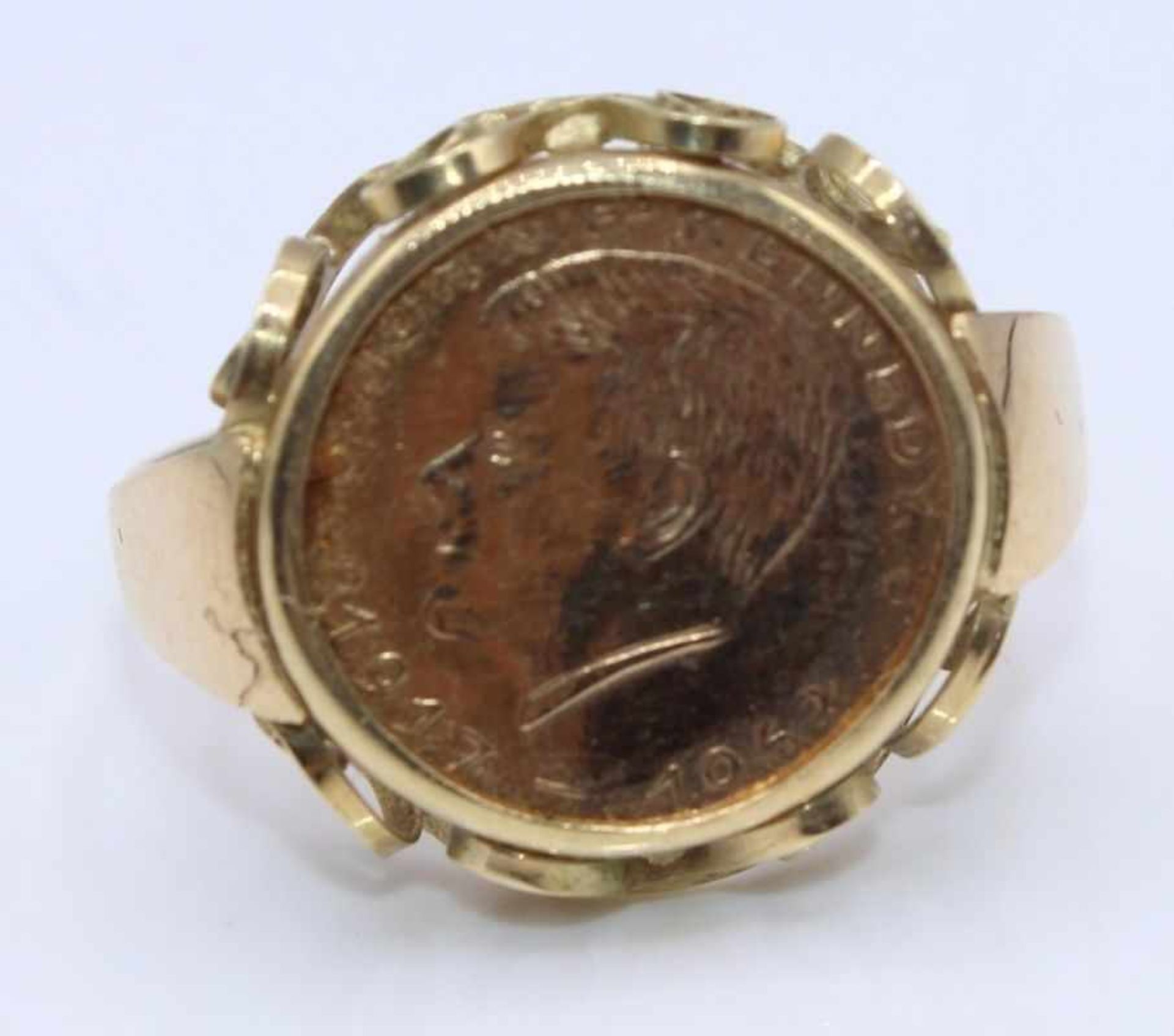 Goldener Münzring mit Kennedy-Medaille 1963 Ringschiene Gelbgold 585 gestempelt, Ringgröße 59,