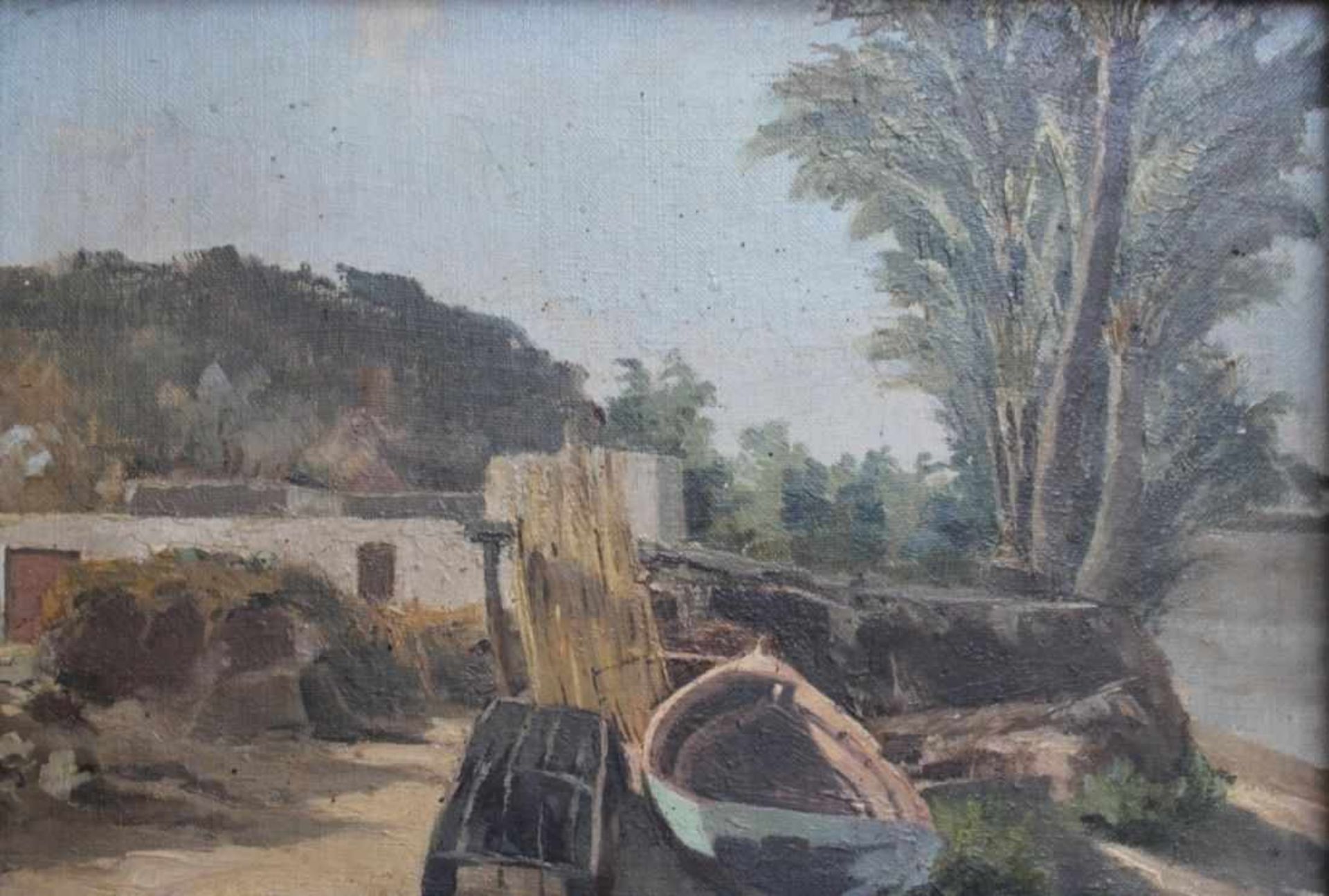 Gemälde - Anonym (19./20.Jahrhundert) "Küstenlandschaft mit Kahn", unsigniert, Öl auf Leinwand/