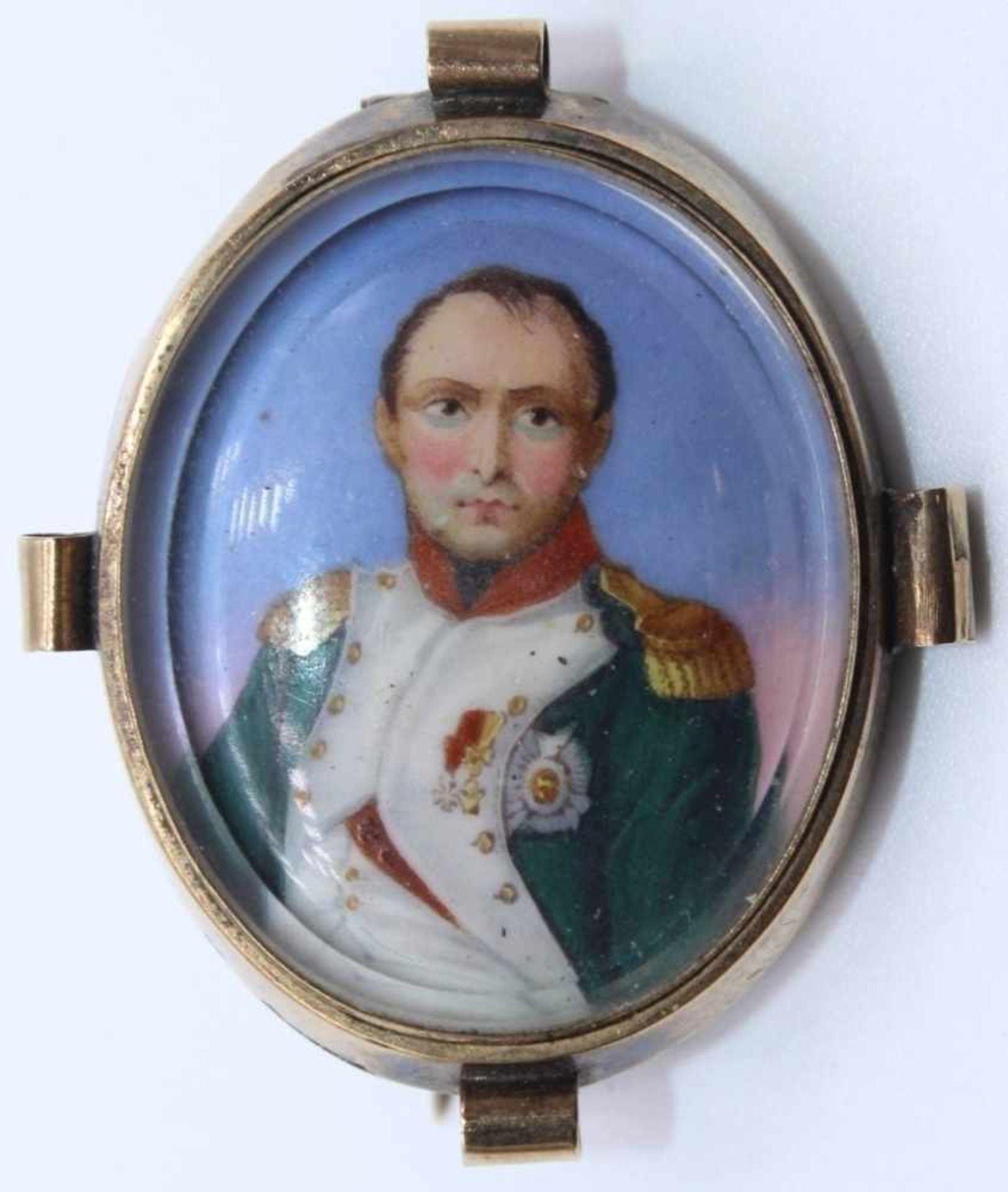 Miniatur - wohl Frankreich 19.Jahrhundert "Bildnis Napoleon ?", unsigniert, Tombakbrosche, ca. 3x2,3
