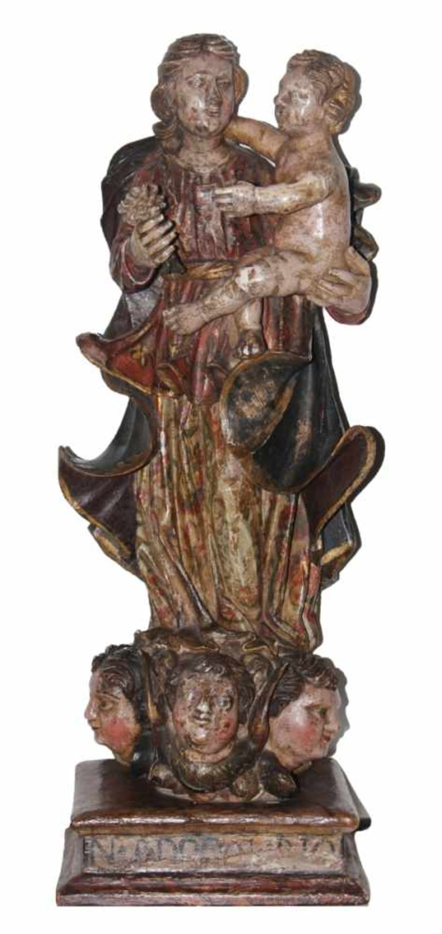 Skulptur - Barock 18.Jahrhundert "Maria mit Kind, auf drei Engelsköpfen stehend", Holz geschnitzt,