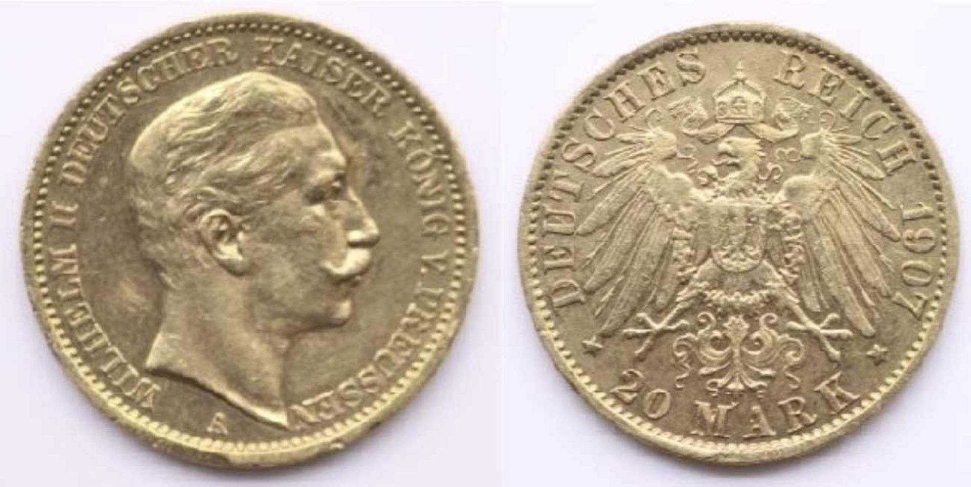 Goldmünze - Deutsches Reich - 20 Mark 1907 A, Wilhelm II, Kaiser von Preussen, ca. 7,94 Gramm