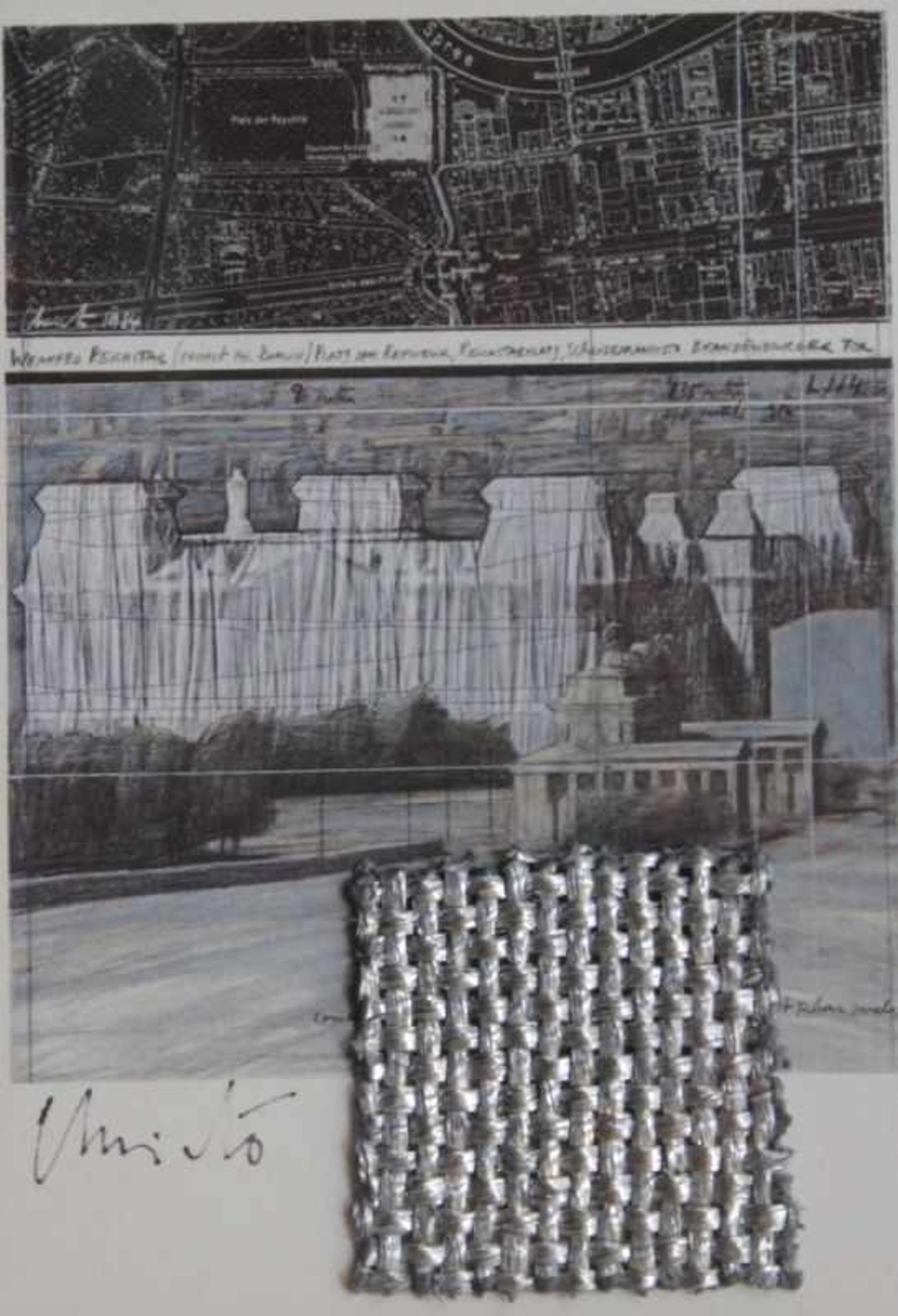 Grafik - Christo u. Jeanne-Claude (1935 Gabrowo) "Reichstagsverhüllung mit Stoffmuster", l.u.