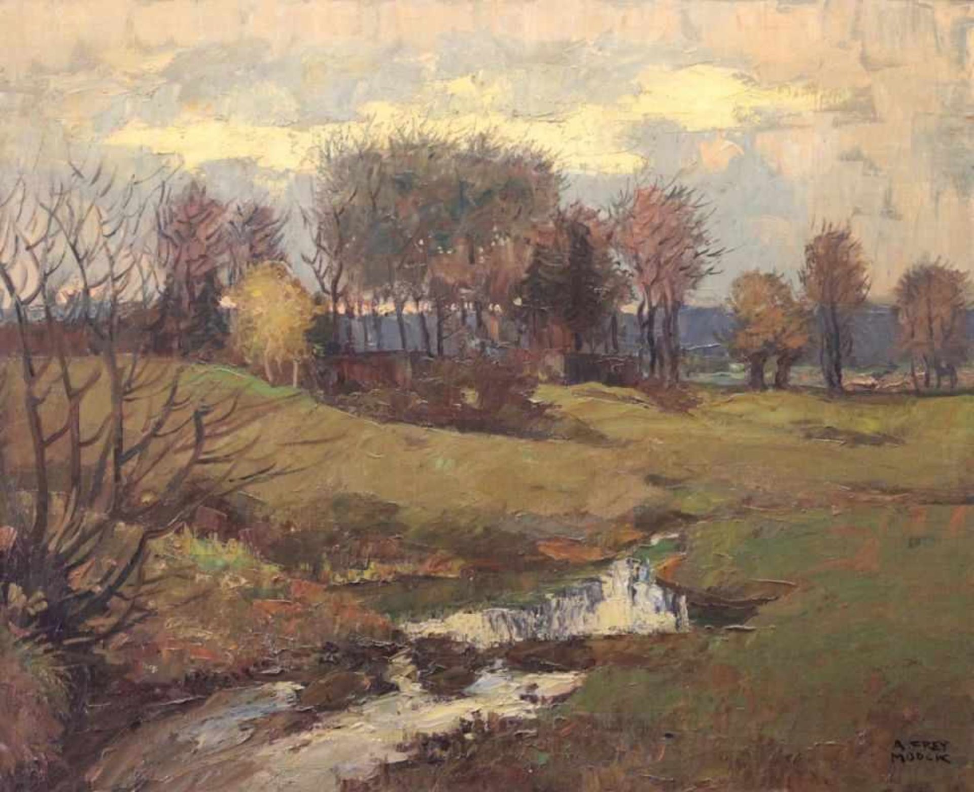 Großes Gemälde - Adolf Frey Moock (1881 Mona im Kanton St. Gallen - 1954 Steinbrunn) " Landschaft ",