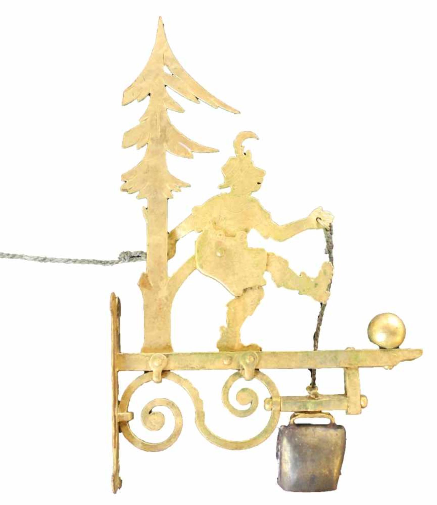Hausglocke mit vergoldetem Metallschild und figürlicher Darstellung, Glockenzug über bewegliche "
