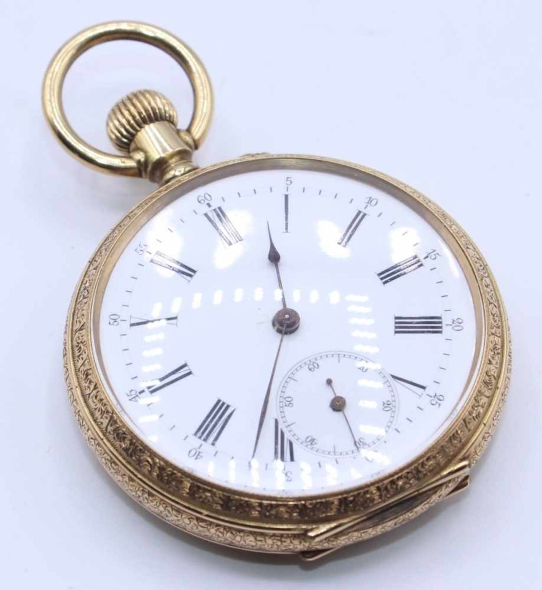 Offene goldene Herrentaschenuhr, Remontoir Gehäuse, Lünette und Deckel reich graviert, Roségold 14k,