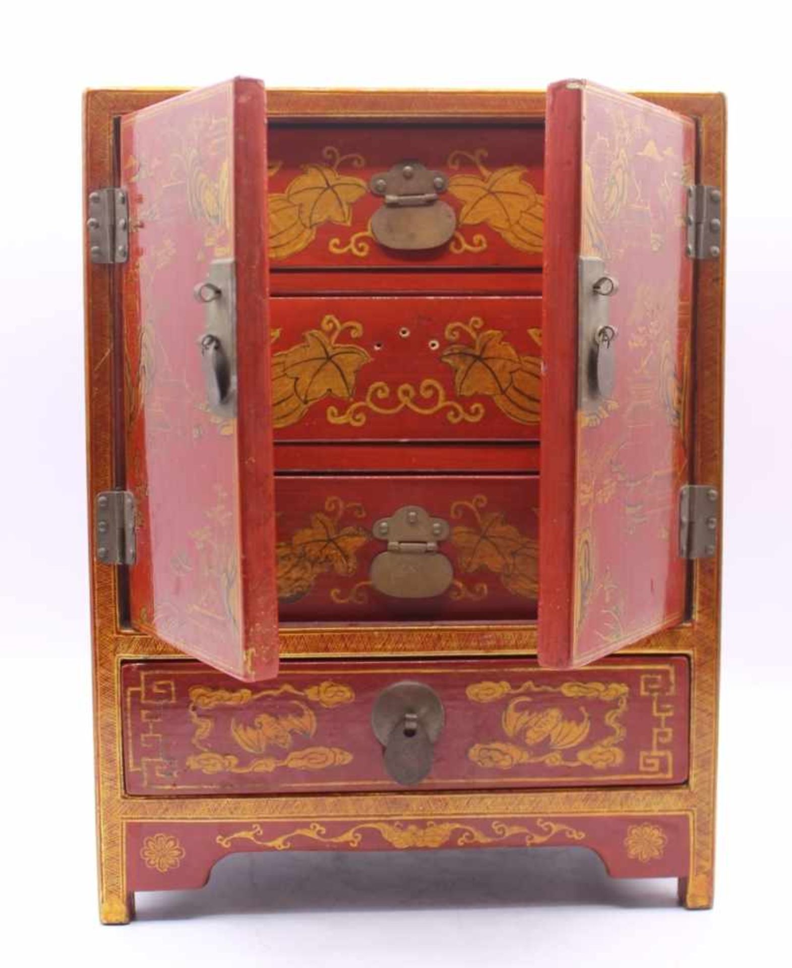 Schmuckschatulle - wohl China20.Jahrhundert rote Lackarbeit mit Goldstaffage, 2-türig mit