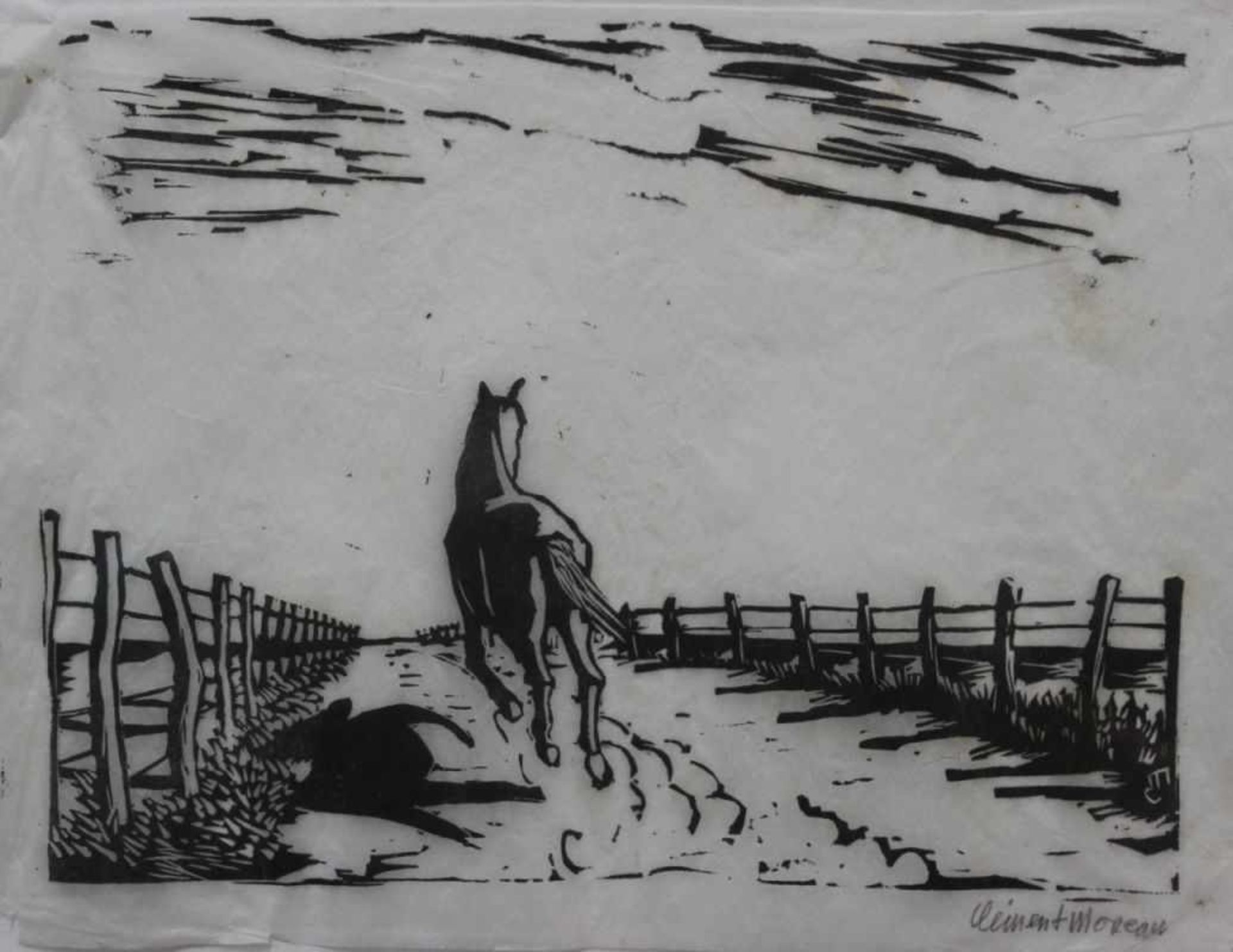 Linolschnitt - Clément MOREAU (1903 bei Koblenz -1988 Sirnach) "Gallopierendes Pferd", r.u.
