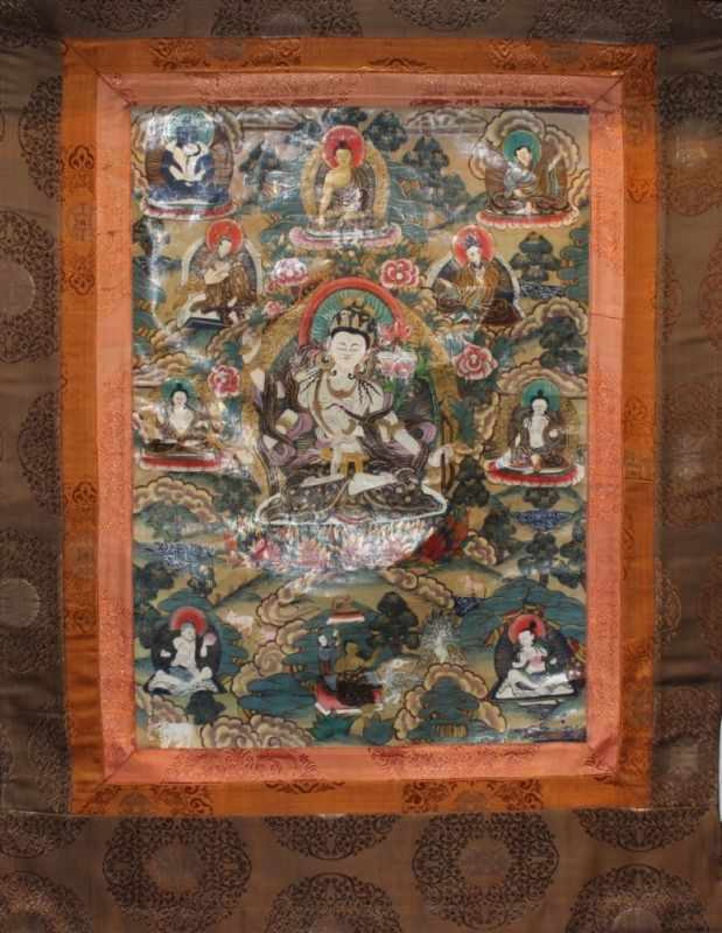 Thangka - Südasien 20. Jahrhundert Rollbild, Seide, " Jiyajee ", bemalt mit Gottheiten, Maße ca.