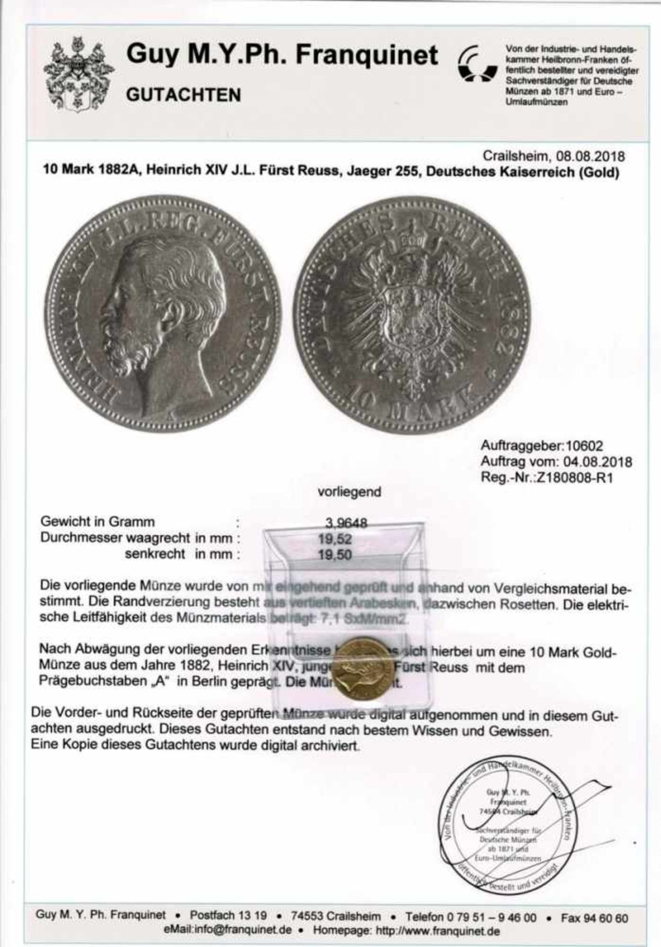 Seltene Goldmünze - 10 Mark - Deutsches Kaiserreich 1882 A, Heinrich XIV Jüngere Linie, Fürst Reuss,
