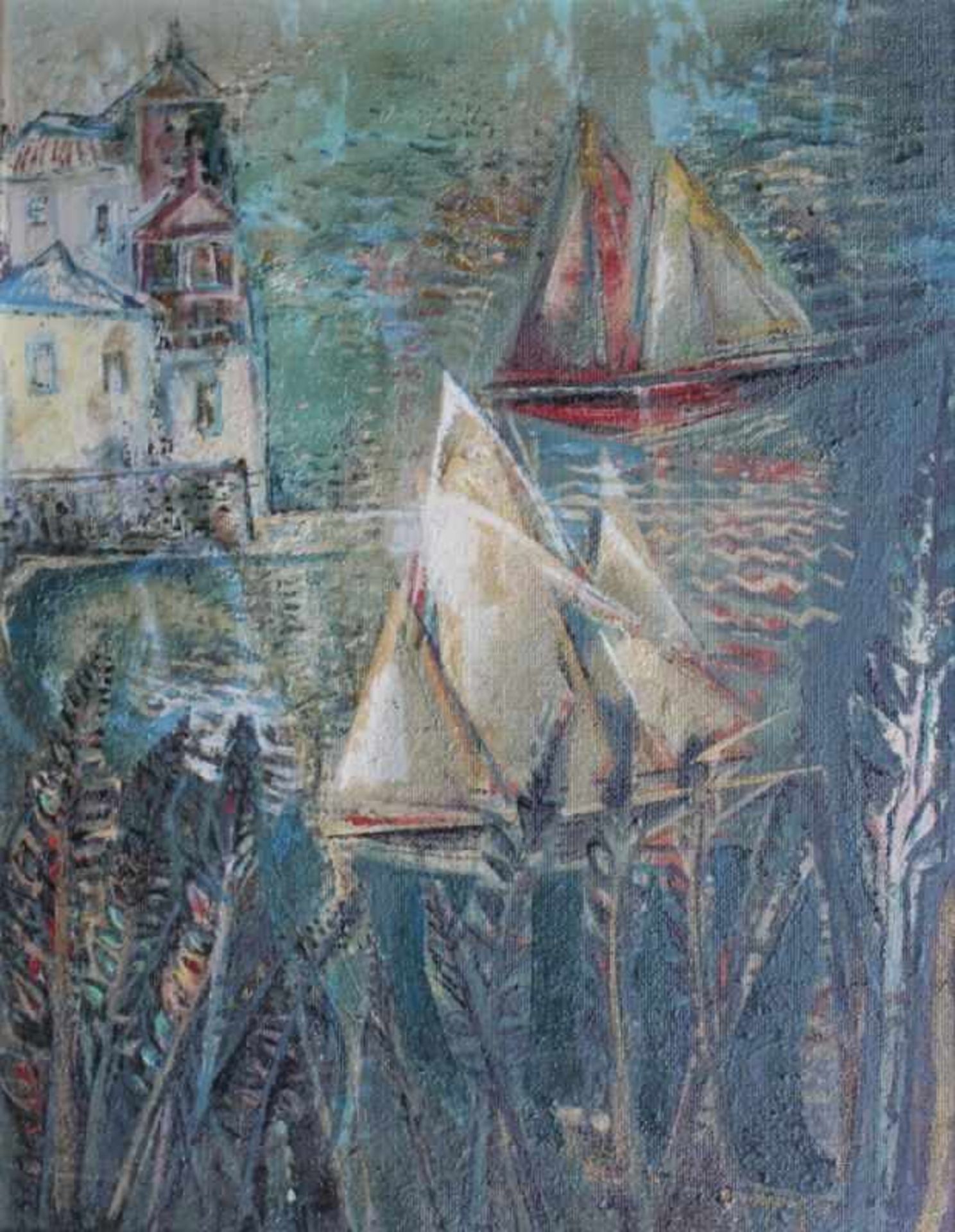 Gemälde - Alfons Maria Bauer (1912 Arrach bei Falkenstein) " Hafen mit Segelbooten ", r.u.signiert