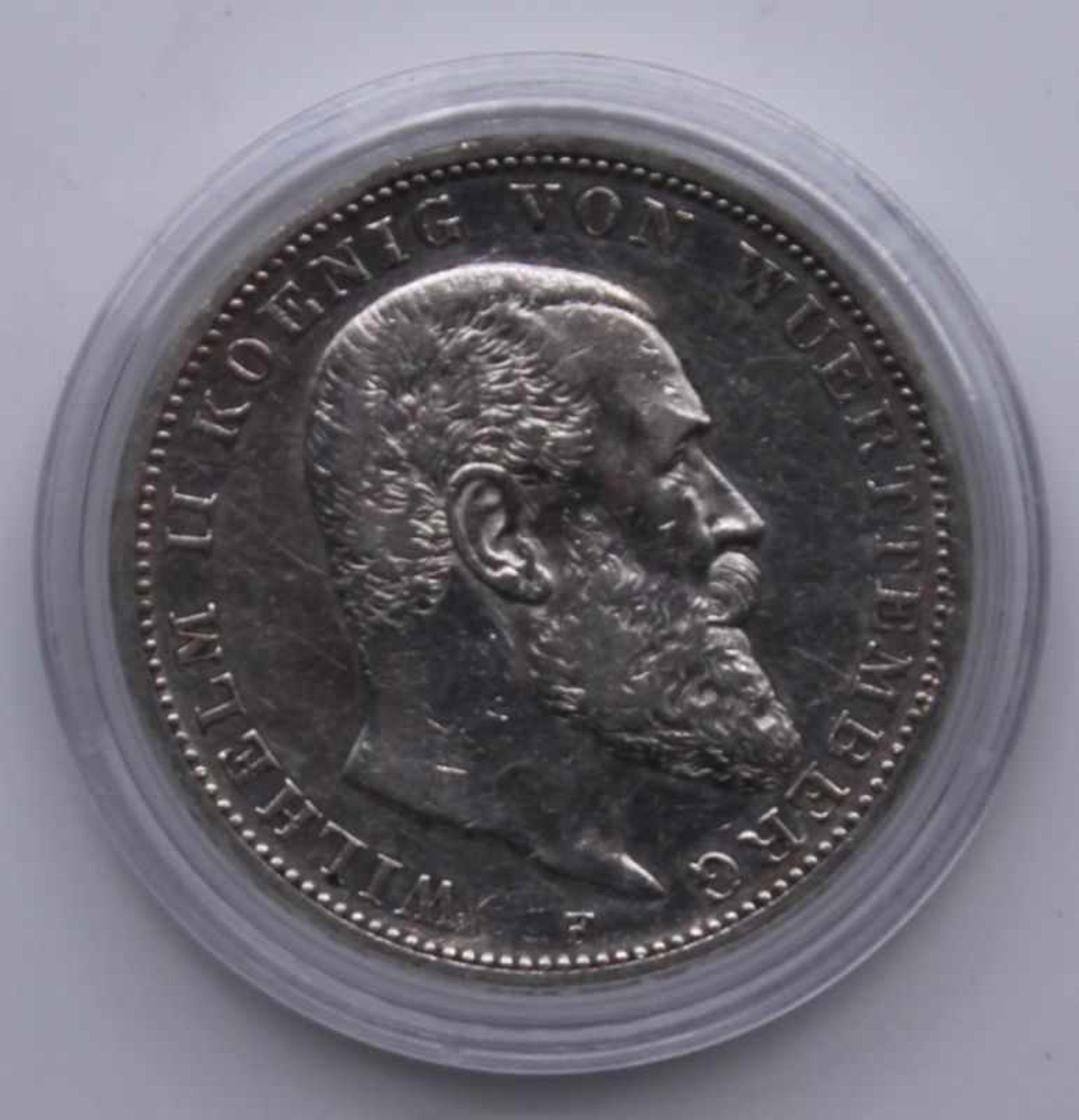 Silbermünze - 3 Mark, Deutsches Reich 1909 F, Wilhelm II. König von Württemberg, 16,6 Gramm