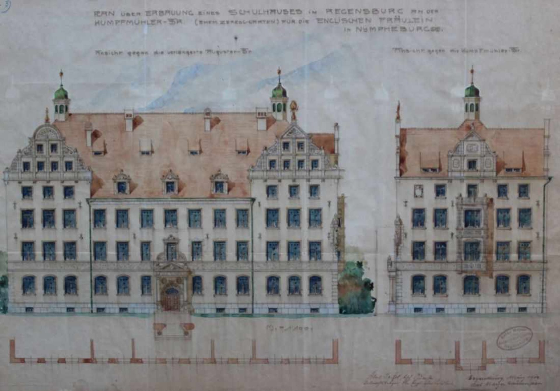 Plan - Regensburg 1903 "Plan über die Erbauung eines Schulhauses in Regensburg an der Kumpfmühler-