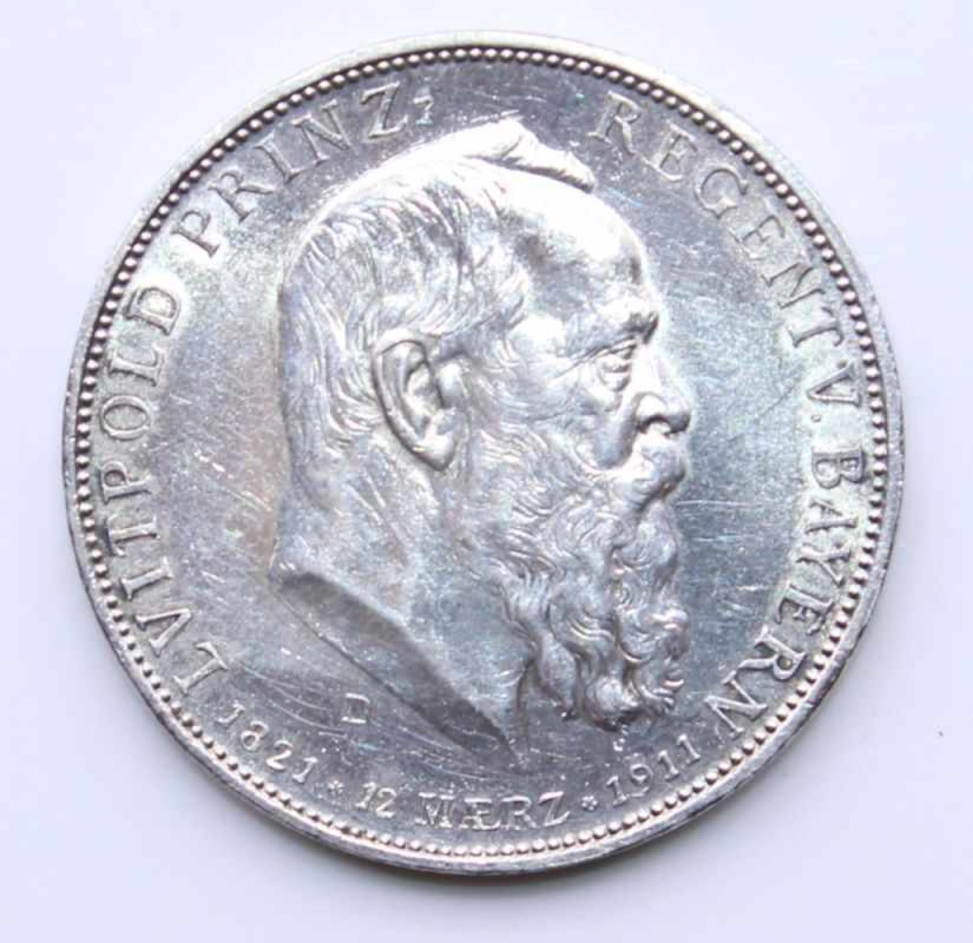 Silbermünze - 5 Mark, Deutsches Reich 1911 D, Luitpold Prinz Regent von Bayern, 1821. 12.März. 1911,