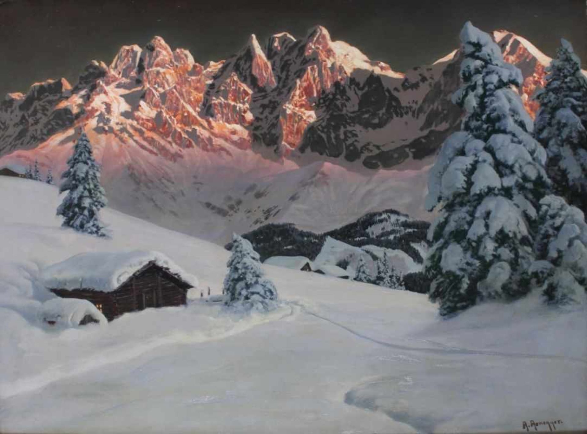 Gemälde - Alois Arnegger (1879 Wien - 1963) "Alpenglühen im Kaisergebirge", r.u. signiert, Öl auf