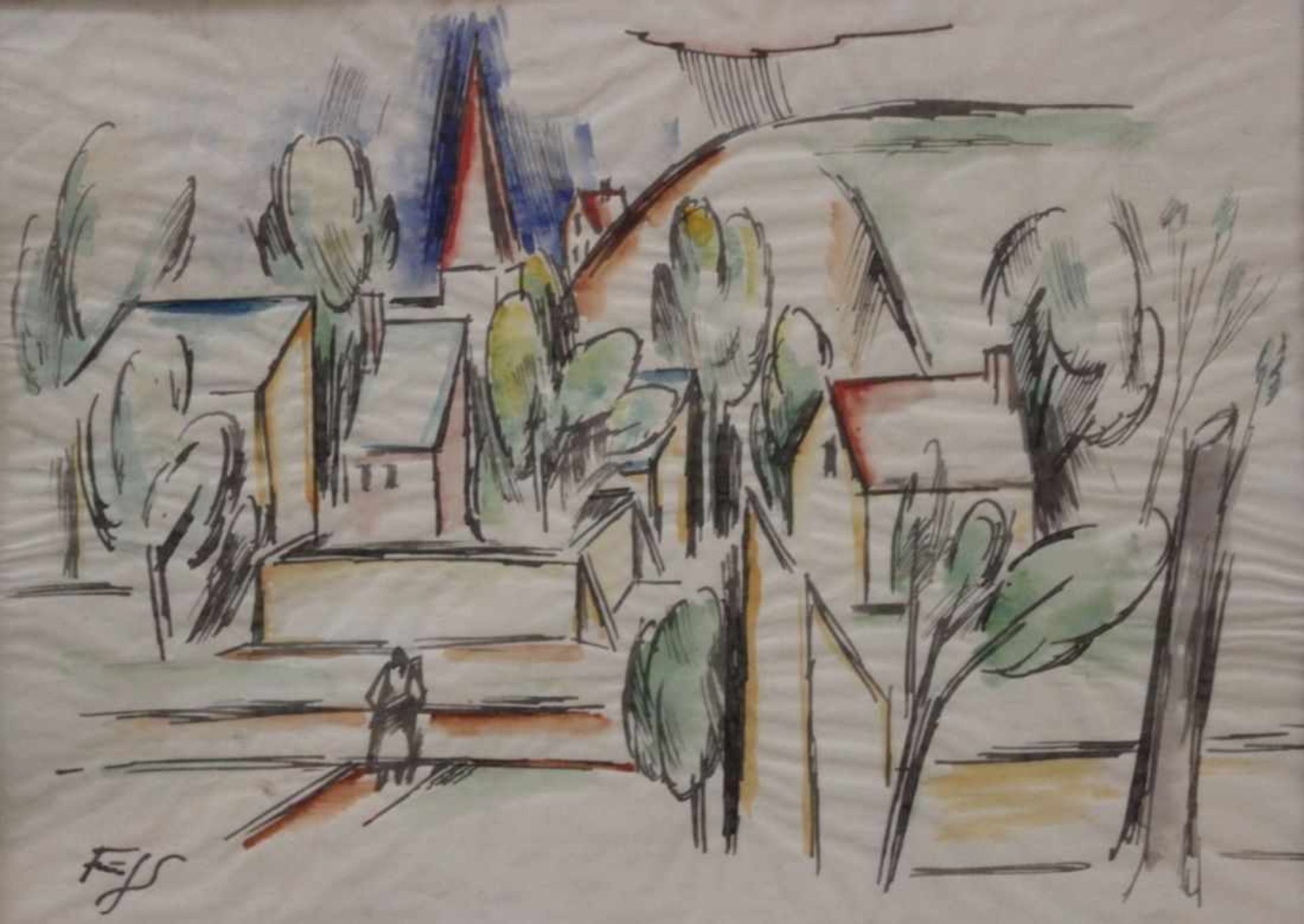 Aquarell - Heinz FUCHS (1886 Berlin Charlottenburg -1961 Berlin Wilmersdorf) "Dorflandschaft mit