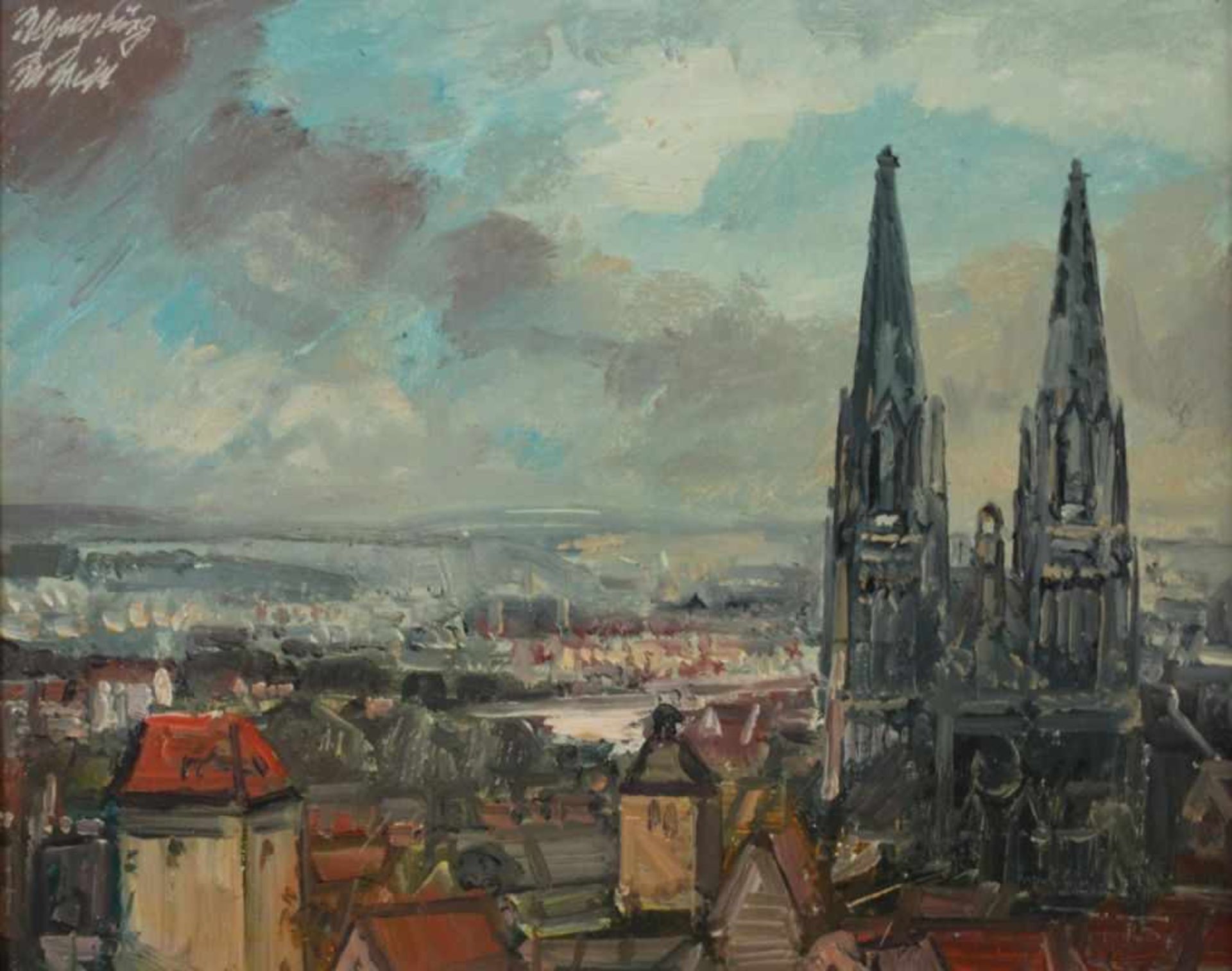 Gemälde von Rupert Preissl (17.3.1925 Eitlbrunn bei Regensburg - 2003) " Regensburger Stadtansicht