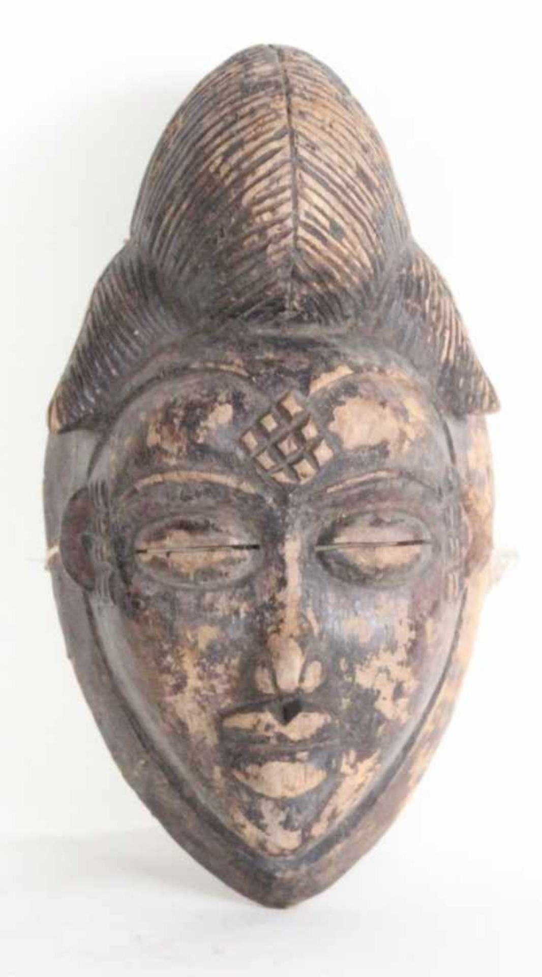 Vorhaltemaske - Punu/Gabun Holz, Höhe ca. 30 cm, verziert mit Tattoos, auffallende Haarpracht,