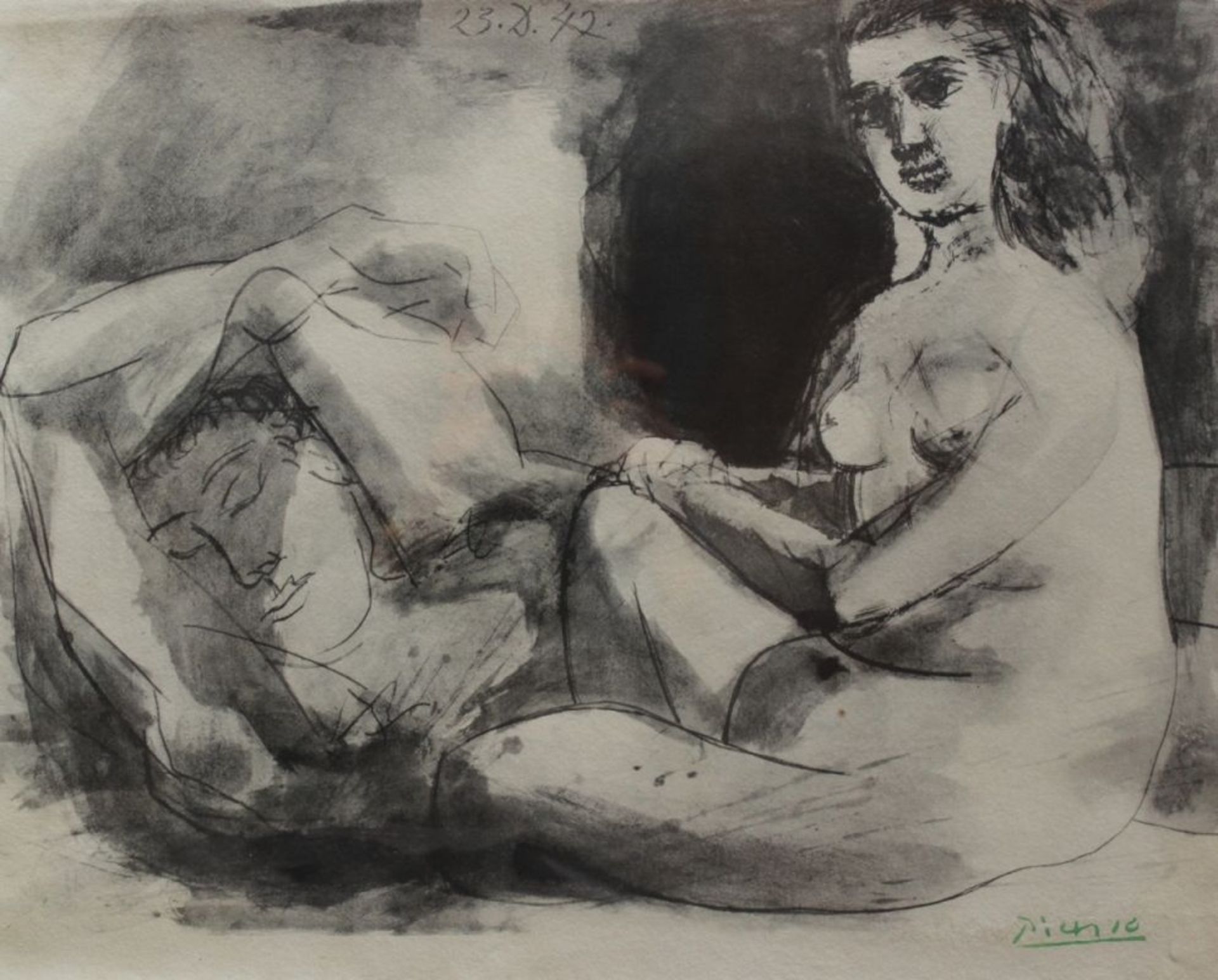 Heliogravure - Pablo Picasso (1881 Spanien -1973 Frankreich) "HOMME COUCHE ET FEMME ASSISE", grüne