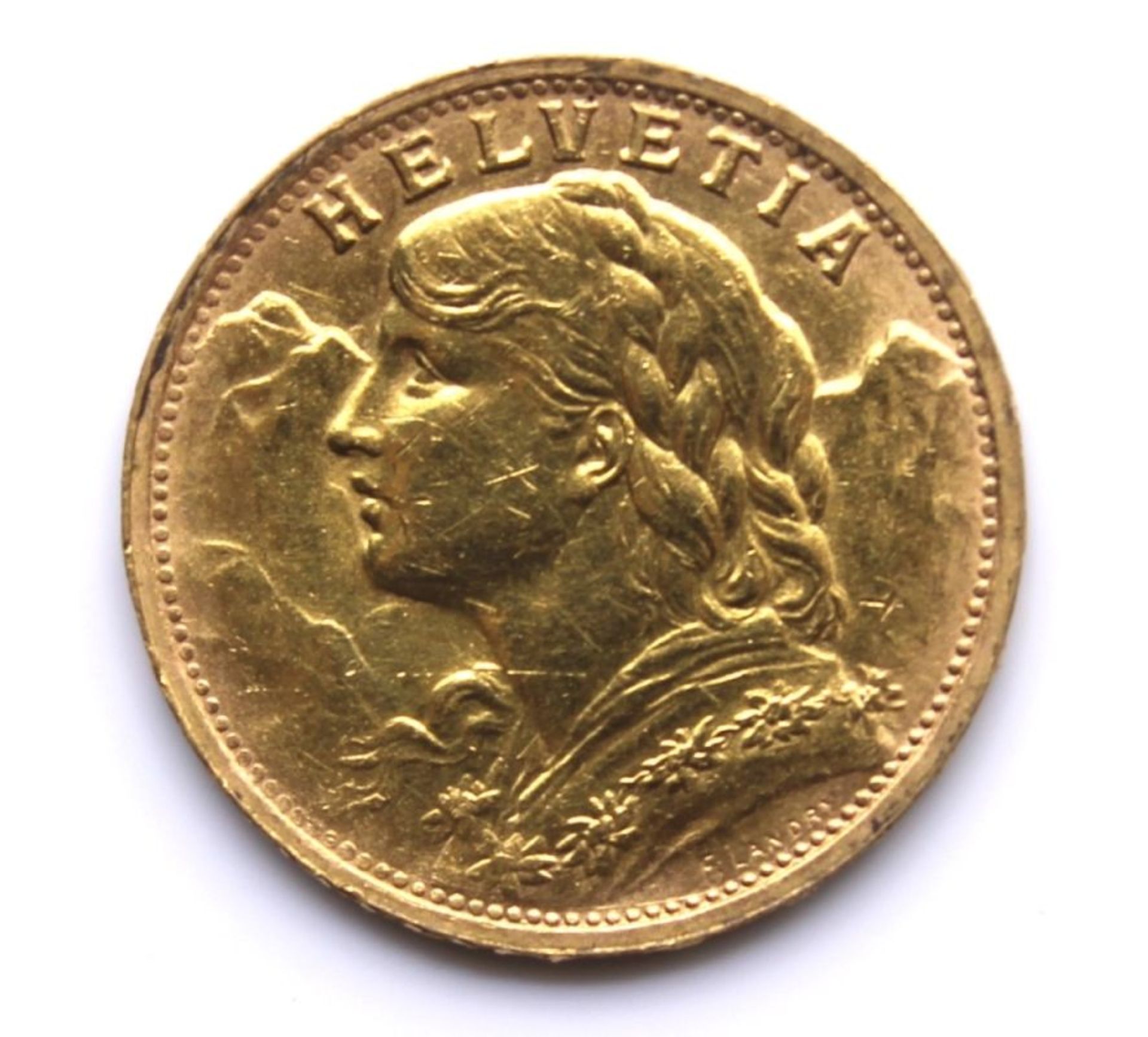 Goldmünze - Schweiz - 20 Franken sog. "Vreneli", 1947 B, Helvetia, d.= ca. 21 mm, ca. 6,45 Gramm