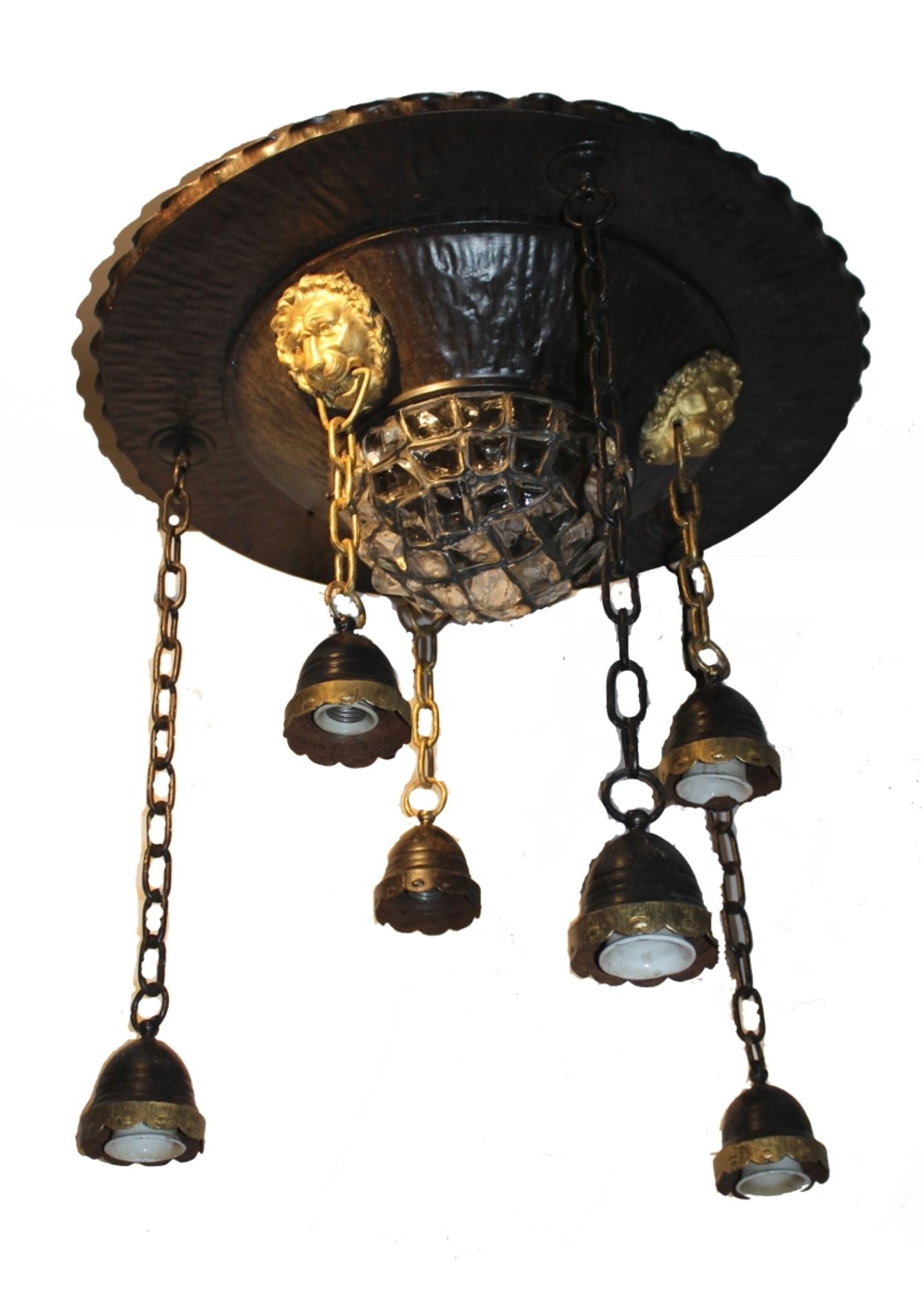 Deckenlampe - wohl deutsch um 1910/20 gehämmerte und bronzierte runde Metallscheibe mit gewellten