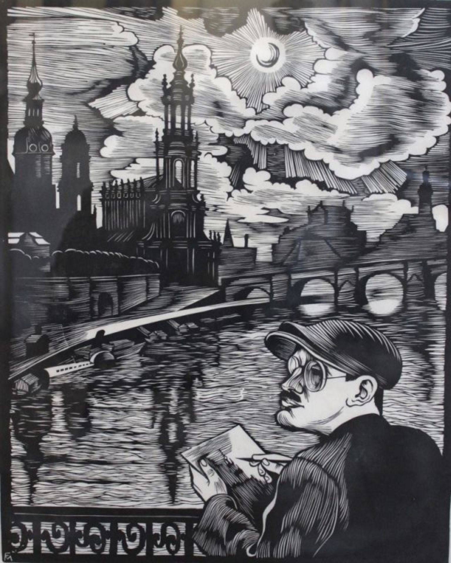 Holzschnitt - Conrad Felixmüller (1897 Dresden - 1977 Berlin) "Selbst vor Dresden", r.u.