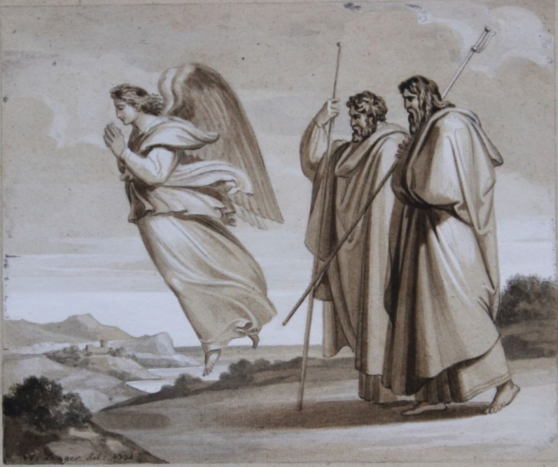 Zeichnung - Robert von Langer (1783 Düsseldorf - 1846 Haidhausen) "Zwei Apostel und Engel vor