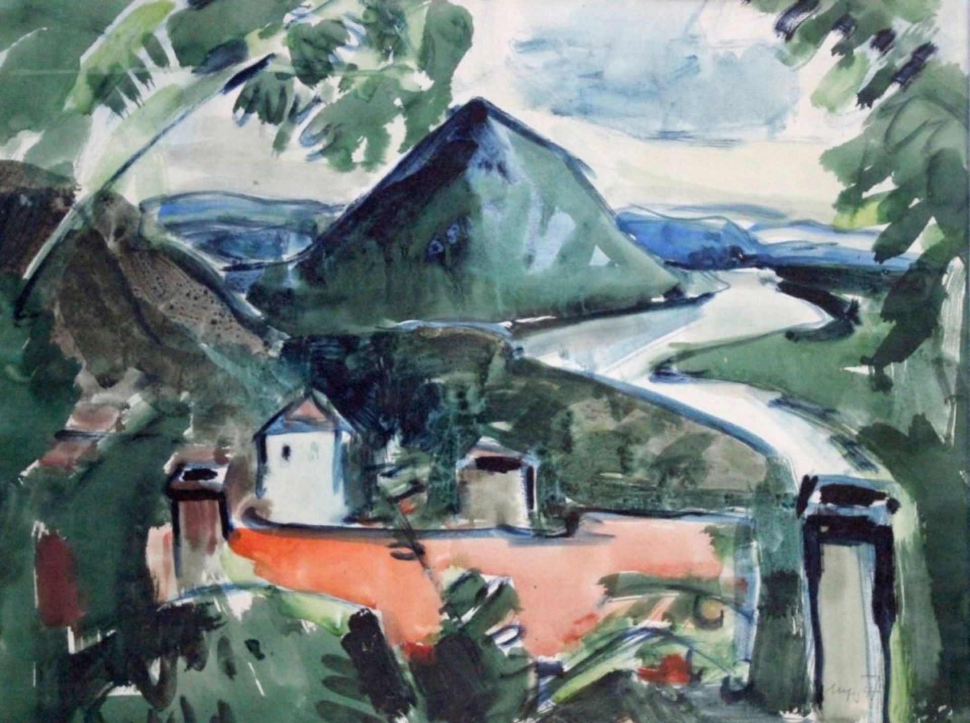 Aquarell - Willi Ulfig (1910 Breslau - 4.2.1983 Regensburg) "Scheuchenberg bei Regensburg mit