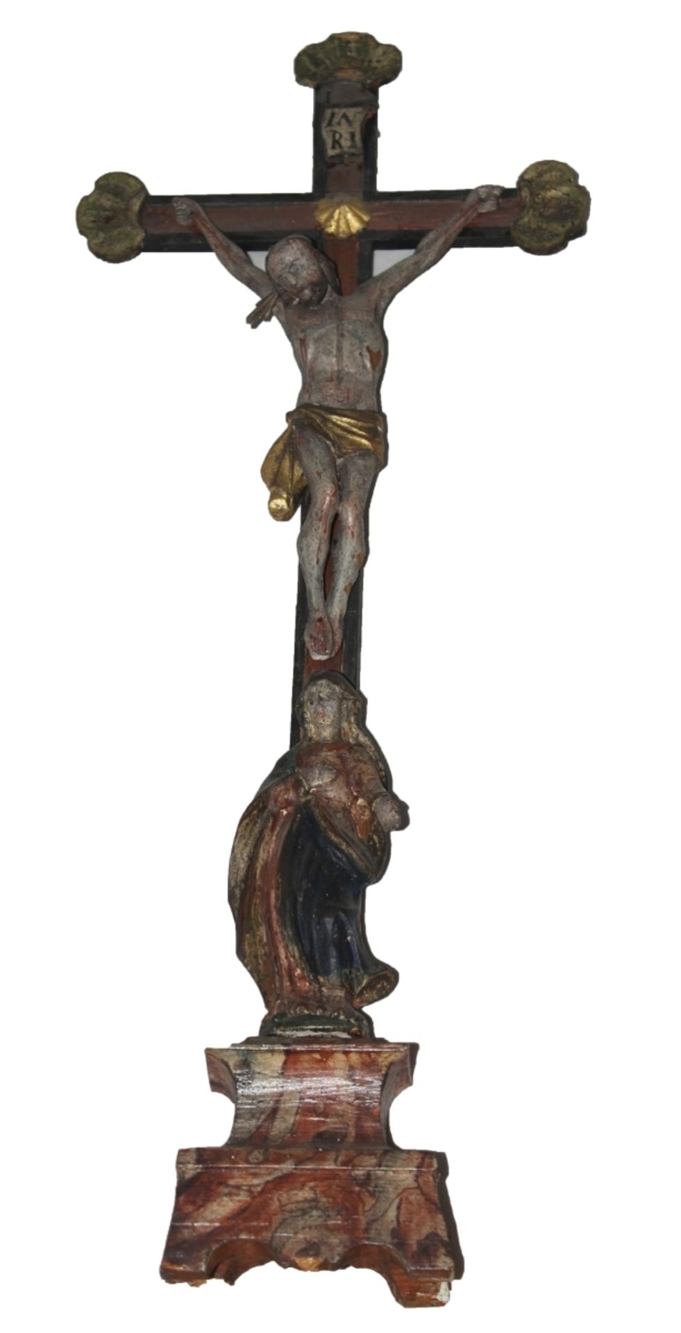 Kreuz mit Korpus Christi - Ende 18.Jahrhundert Dreinageltypus, darunter Maria, Holz geschnitzt und