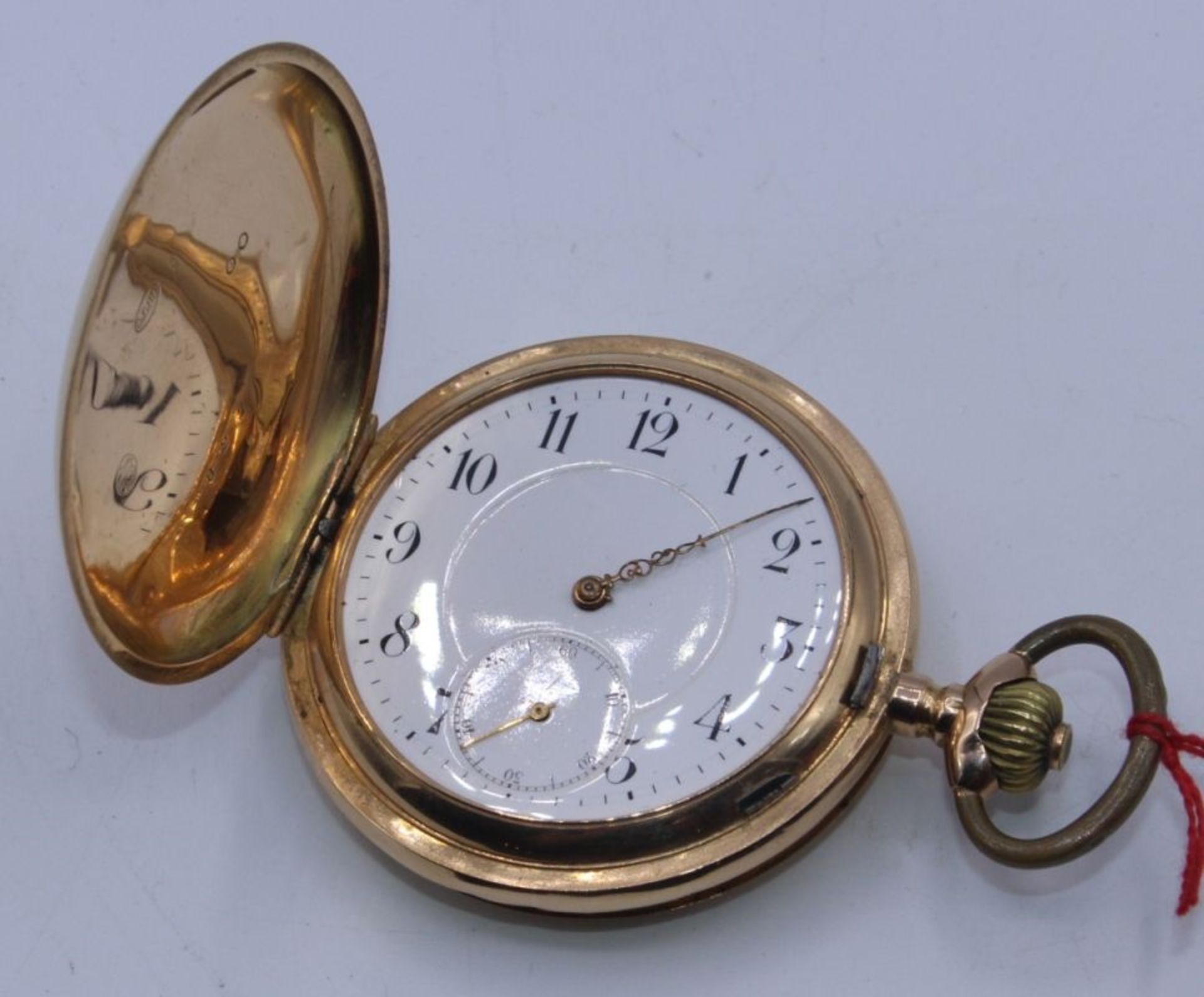 Goldene Sprungdeckel-Taschenuhr - deutsch um 1900 Gehäuse und alle Deckel Rosegold gest. 585, Werk