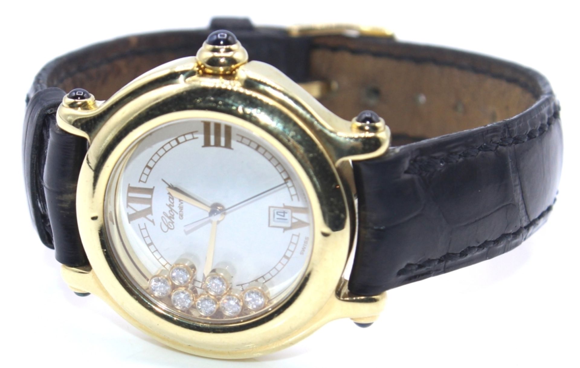 Goldene Damenuhr - Marke Chopard " Happy Sport ", Gelbgold 750, verziert mit 5 Saphir-Cabochons (0,