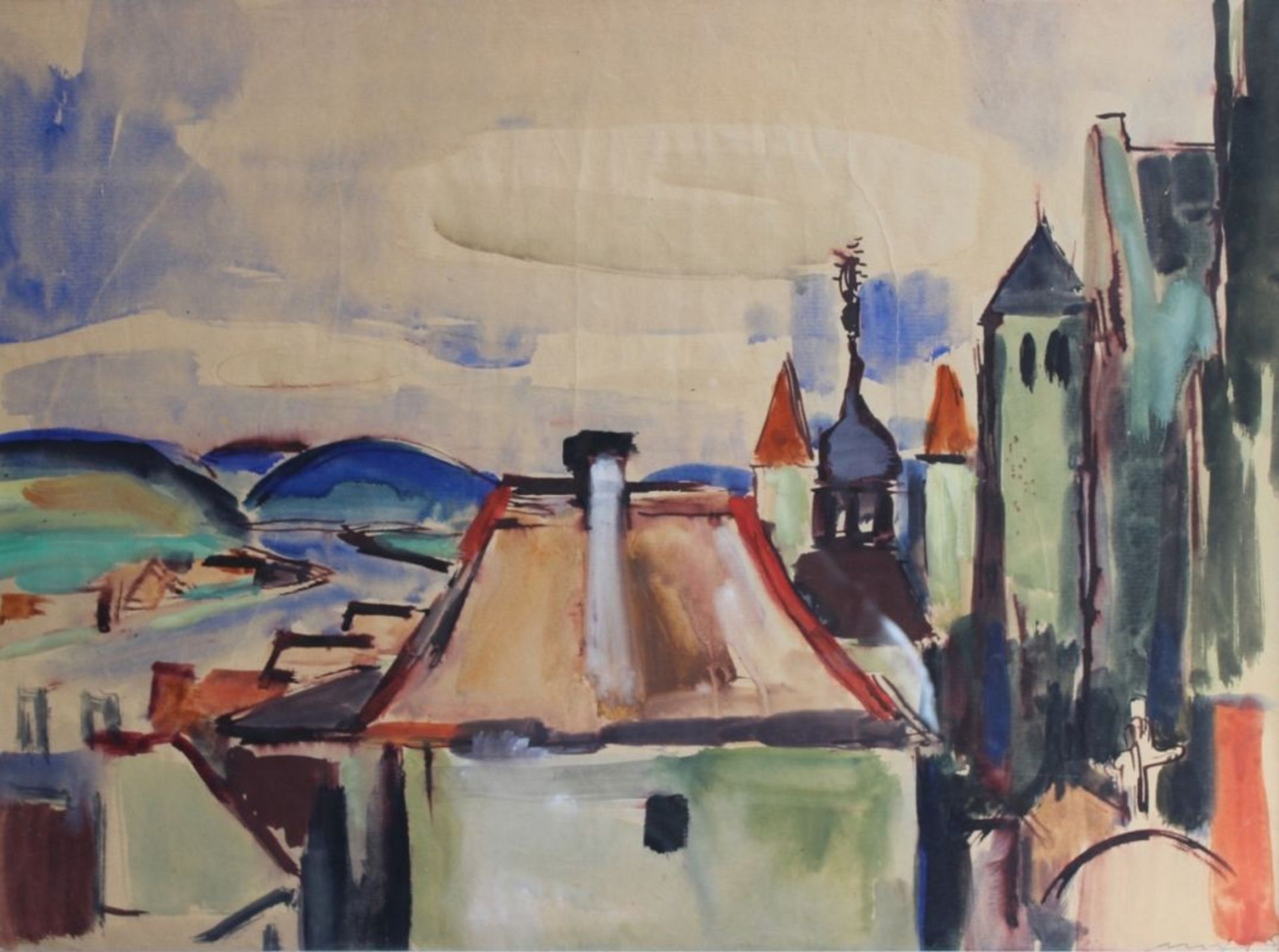 Aquarell - Willi Ulfig (1910 Breslau - 4.2.1983 Regensburg) "Stadtansicht mit Donaulauf", r.u.