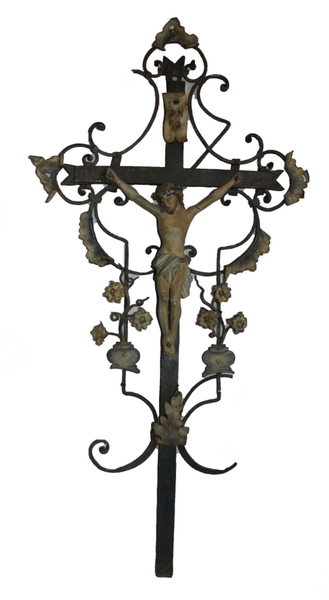 Grabkreuz - 19.Jahrhundert Dreinageltypus, Schmiedeisen, teilweise gefaßt, verziert mit Blüten - und