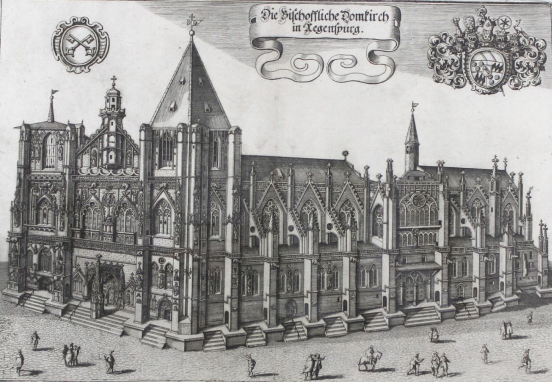 Kupferstich - Matthäus Merian der Ältere (1593 - 1650) "Die Bischoffliche Domkirch in Regenspurg",