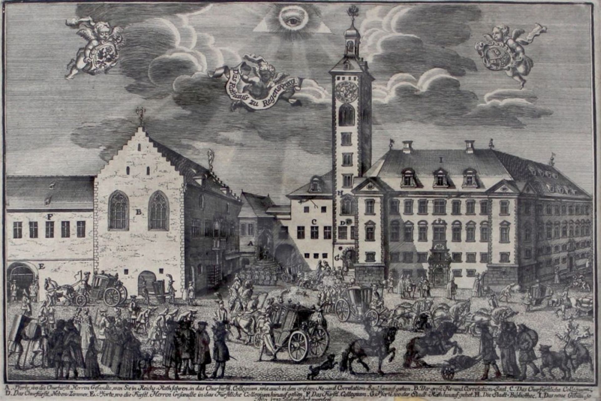 Kupferstich - Andreas Geyer (Augsburg - 1729 Regensburg) "Altes Rathaus Regenspurg mit Auffahrt