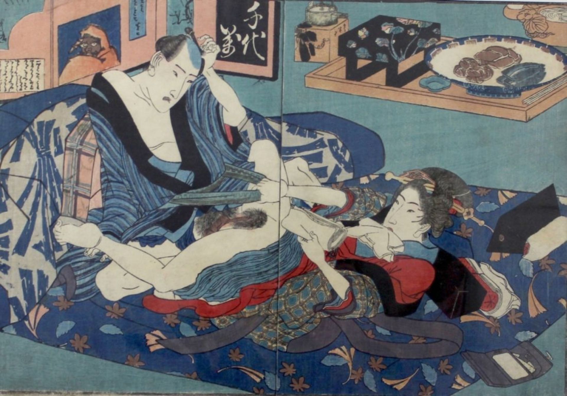 Japanischer Holzschnitt "Erotische Szene", Doppelblatt, Plattenmaße ca. 23x33,5 cm, Passepartout