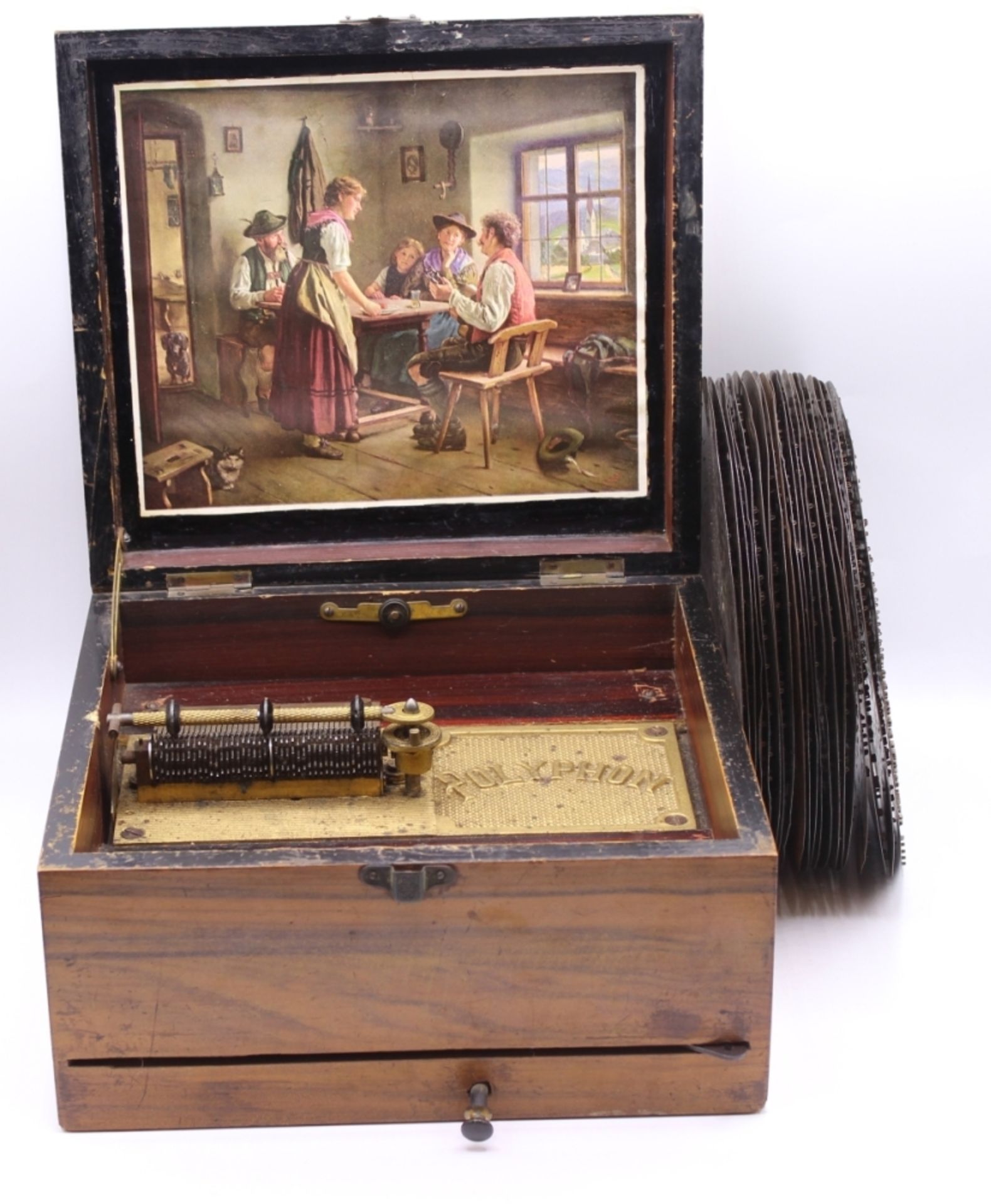 Polyphon (Musikautomat) - deutsch nach 1900 rechteckiges Holzgehäuse mit Beineinlage, mechanisches