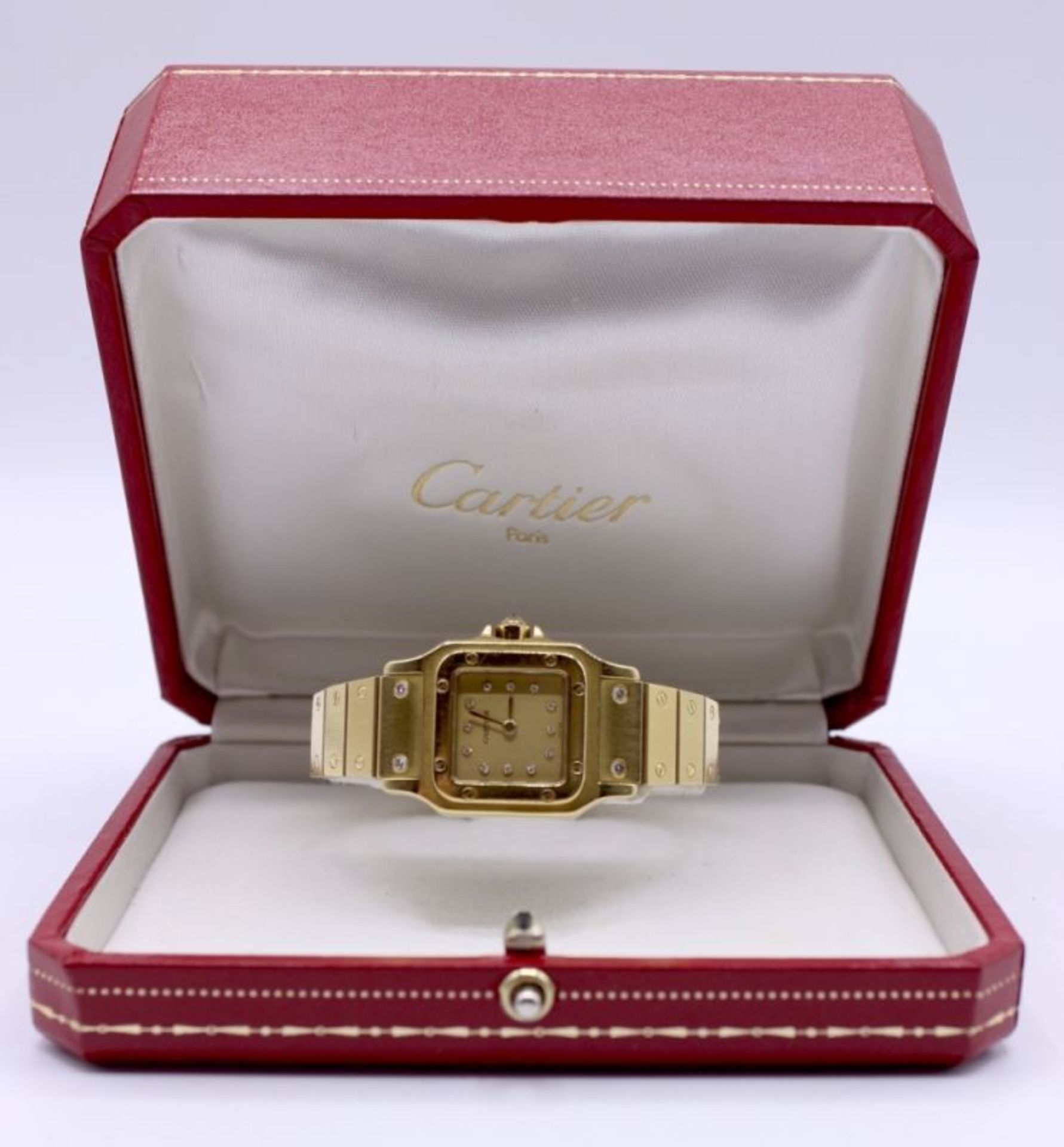 Damenarmbanduhr - Marke Cartier Modell Santos Gelbgold 750 mit Diamantenbesatz (Zifferblatt + 4