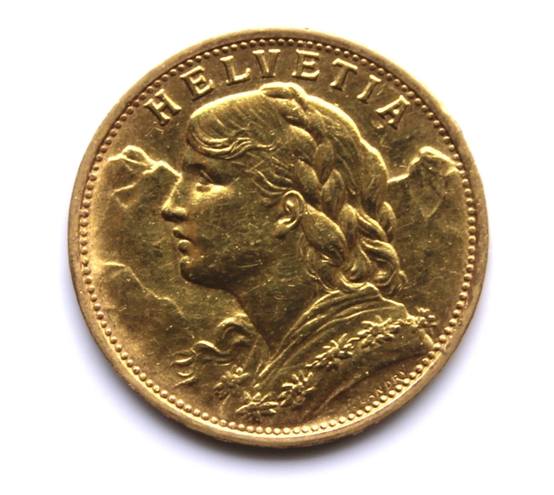 Goldmünze - Schweiz - 20 Franken sog. "Vreneli", 1935 B, Helvetia, d.= ca. 21 mm, ca. 6,45 Gramm