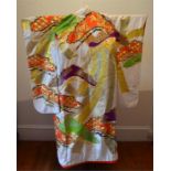 A vintage Japanese large heavy duty silk Uchikake bridal kimono robe, cream with gold embroidery