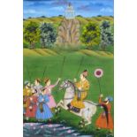 Three Calcutta School paintings depicting courting couples and a hunting scene