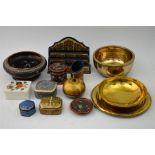 A selection of Indian lacquer boxes, brass plate, bronze bowls and Japanese cloisonne pieces