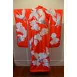A vintage Japanese large heavy duty golden red silk Uchikake bridal kimono robe