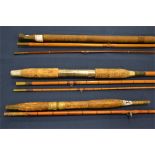 Three fishing rods including a Montague rod, an Allcocks Isis rod and others