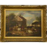 British School (19th century), A Village Scene with Pigs and Ponies