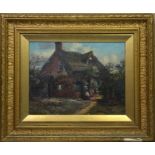 British School (19th century), a cottage scene with an elderly lady, oil on board