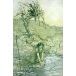 Four prints depicting fantasy scenes and a country scene, including two prints by Arthur Rackham