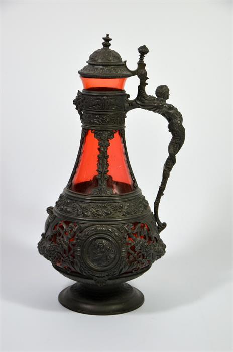 A 19th century Bohemian base metal ruby glass claret jug, renaissance style - Image 2 of 2