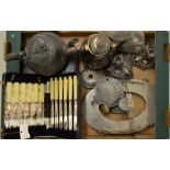 A mixed tray lot of silver plate including, a fruit spoon and fork set and a fish knife and fork set